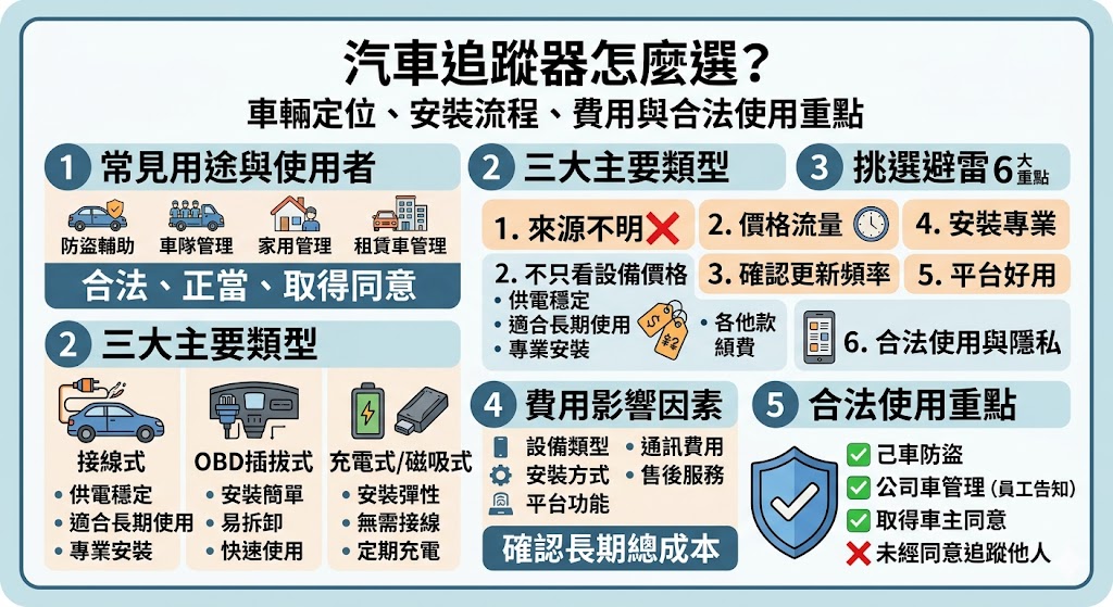 汽車追蹤器可用於車輛定位、防盜輔助、車隊管理與行駛軌跡查詢,適合個人車主、公司車隊與租賃車管理者參考。選擇汽車追蹤器時,建議先確認合法用途、安裝方式、定位穩定度、平台功能、月租費與售後服務,避免只看價格而忽略資料安全與後續維護,透過完整比較才能找到適合需求的汽車追蹤器方案。