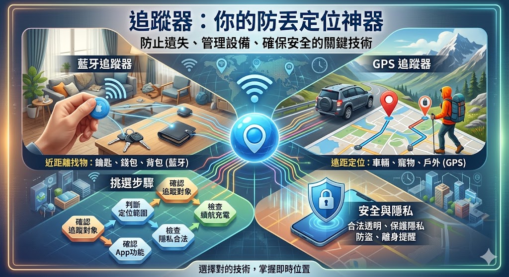 追蹤器可協助使用者掌握物品、車輛、寵物或設備的位置,適合用於防丟、資產管理、行李定位與日常安全輔助。選擇追蹤器時,應先確認使用目的、定位範圍、電池續航、App功能與隱私安全,避免把藍牙追蹤器誤當成遠距GPS使用。本文整理追蹤器常見種類、挑選流程、使用情境與避雷重點,幫助新手快速判斷哪一種追蹤器最符合需求。