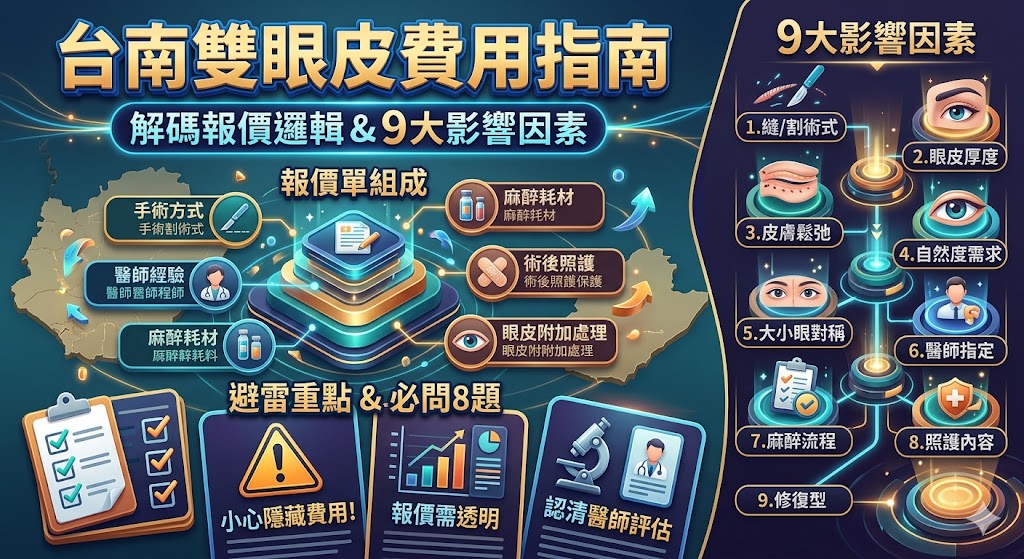 想了解台南雙眼皮費用怎麼算,不能只看廣告價格或單一報價,而要從雙眼皮術式、眼型條件、醫師經驗、麻醉耗材、術後照護與是否需要附加處理一起評估。台南雙眼皮價位會因縫雙眼皮、割雙眼皮、泡泡眼、眼皮鬆弛或修復型需求而不同,建議第一次諮詢前先準備眼部照片、喜歡的摺線風格與預算範圍,並確認報價單是否包含麻醉、藥品、回診、拆線與術後追蹤,才能更安心比較台南雙眼皮方案並選擇適合自己的診所。