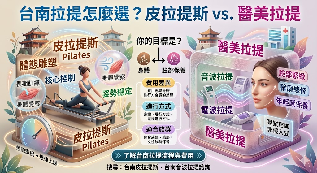 台南拉提常見需求可分為皮拉提斯體態訓練與醫美音波、電波拉提兩大方向,若正在搜尋台南拉提,建議先確認自己想改善的是身體姿勢、核心控制與體態線條,還是臉部緊緻保養與輪廓管理。選擇台南拉提服務時,可從服務類型、專業背景、諮詢流程、設備資訊、交通位置、評價內容與費用透明度來判斷,避免只看價格或單一案例就決定,才能更快找到符合需求的皮拉提斯工作室或醫美診所。