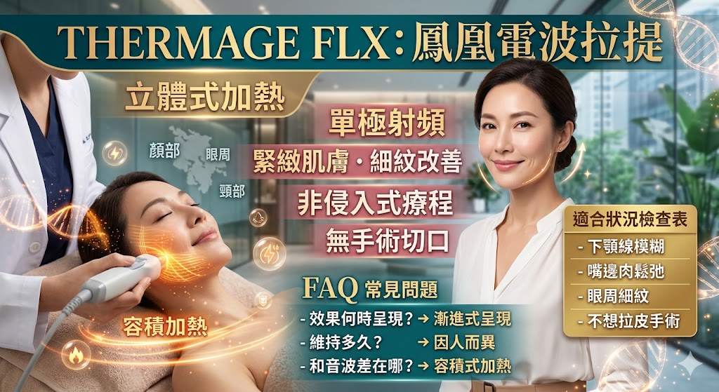 鳳凰電波拉提是常見的非侵入式緊膚療程,透過 Thermage FLX 單極電波能量加熱真皮層與皮下組織,協助刺激膠原蛋白新生,改善細紋、肌膚鬆弛、下顎線模糊與輪廓下垂等老化問題。本文整理鳳凰電波拉提的作用原理、適合族群、療程流程、術前術後注意事項與常見疑問,幫助想了解鳳凰電波拉提的人,在諮詢前先掌握重點,建立合理期待並選擇適合自己的療程規劃。