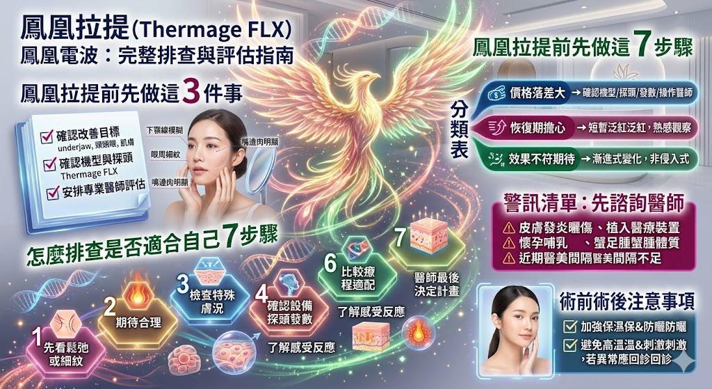 鳳凰拉提是許多人改善臉部鬆弛、輪廓線模糊與細紋時會考慮的非侵入式療程,常見指 Thermage FLX 鳳凰電波。本文整理鳳凰拉提適合族群、療程原理、術前評估、常見疑問、注意事項與專業諮詢重點,幫助你在預約前先判斷自身需求,降低期待落差,並了解鳳凰拉提與其他緊膚療程的差異。