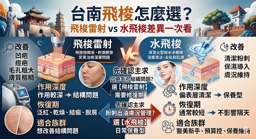 想了解台南飛梭怎麼選?本篇整理飛梭雷射、水飛梭、UP雷射與鉺雅鉻雷射的差異,說明凹疤、痘疤、毛孔粗大、粉刺清潔與保濕導入各適合哪種療程,並從費用、恢復期、適合族群與術後照護比較,幫助想做台南飛梭的人依膚況與預算做出更合適的選擇。